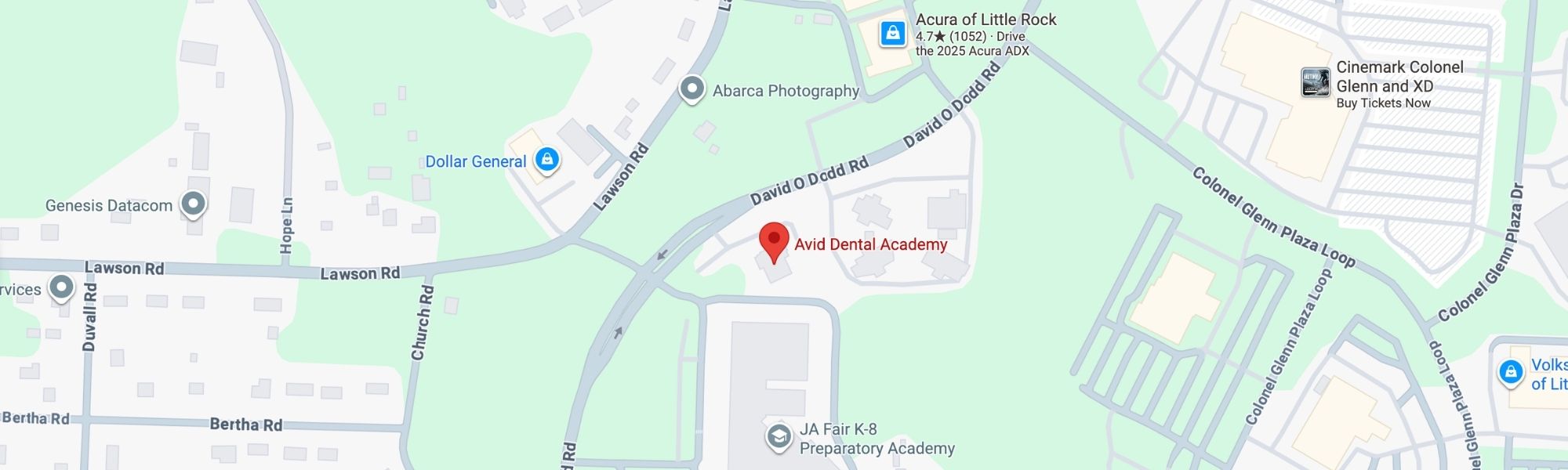 Avid Dental Home (18) Map showing the location of Avid Dental Academy on David ODodd Rd near Lawson Rd in Little Rock, Arkansas, with nearby landmarks including Dollar General and Acura of Little Rock.