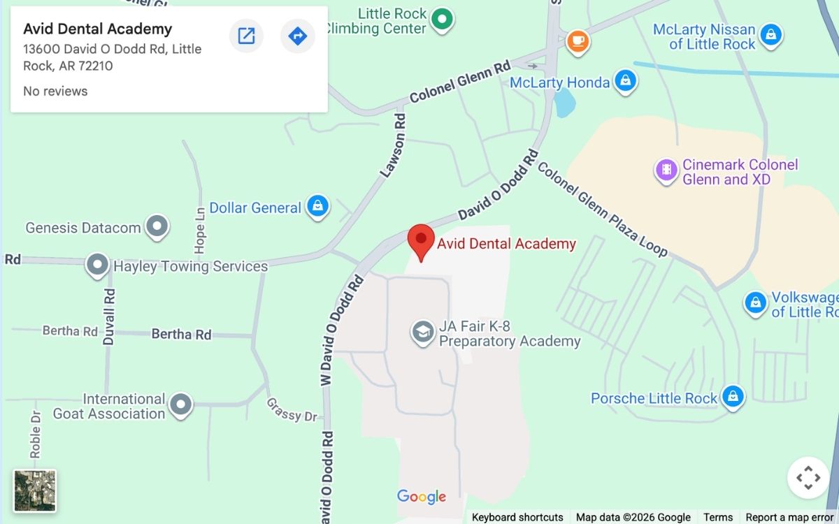 A map showing the location of Avid Dental Academy at 13600 David O Dodd Rd, Little Rock, AR, near schools, auto dealerships, and a movie theater.
